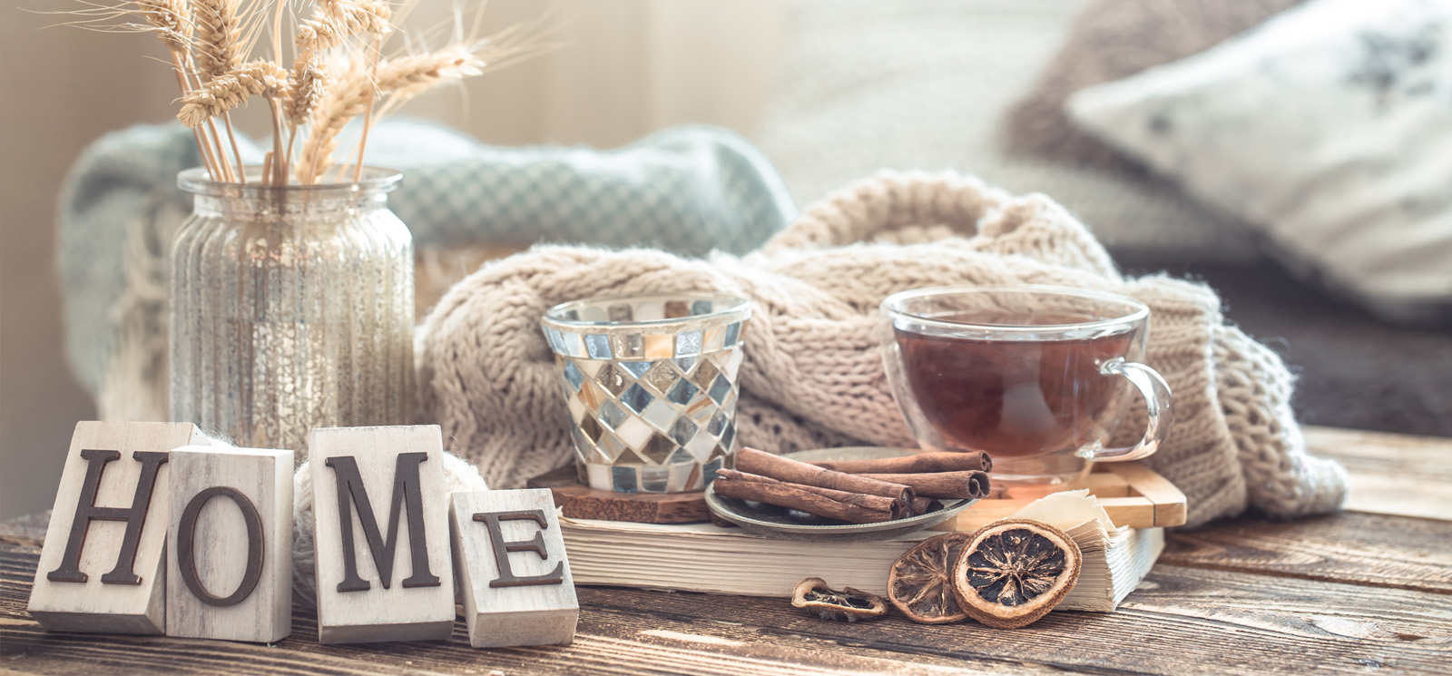 Stilllife details of home interior on a wooden table