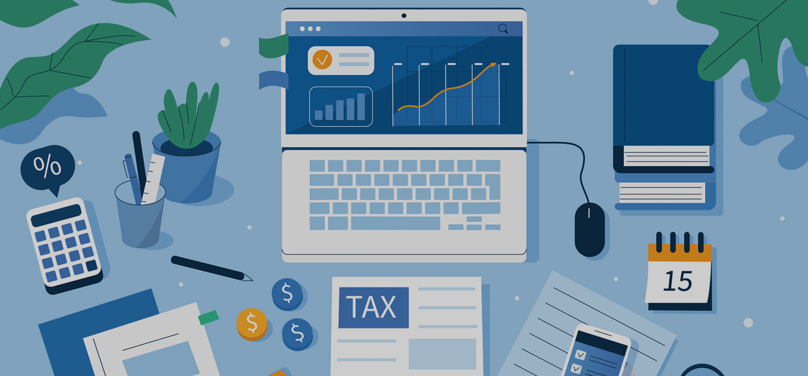 graphic image, laptop displaying graph, calendar on day 15, tax documents,  calculator