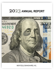 2023 annual report; close-up of $100 bill on which Benjamin Franklin has a black eye