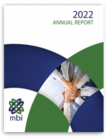 2022 annual report cover, MBI logo, stacks of hands, teamwork